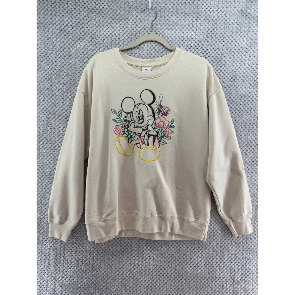 Disney Sweater Womens XXL Cream Mickey Embroidered Crew Neck Plush Lining